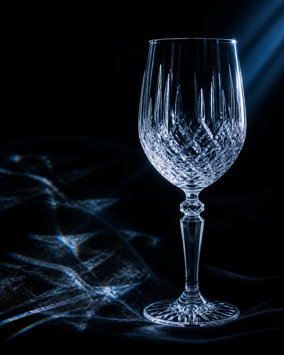 Copa de cristal tallado atravesada por un haz de luz