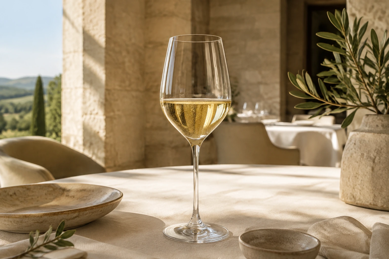 Copa de cristal Luxion completa con espumante en una mesa de lujo toscana