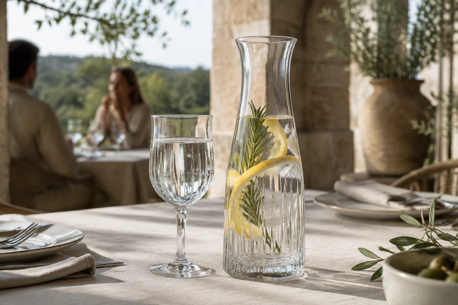 Jarra y copa de cristal completas con agua en una terraza toscana