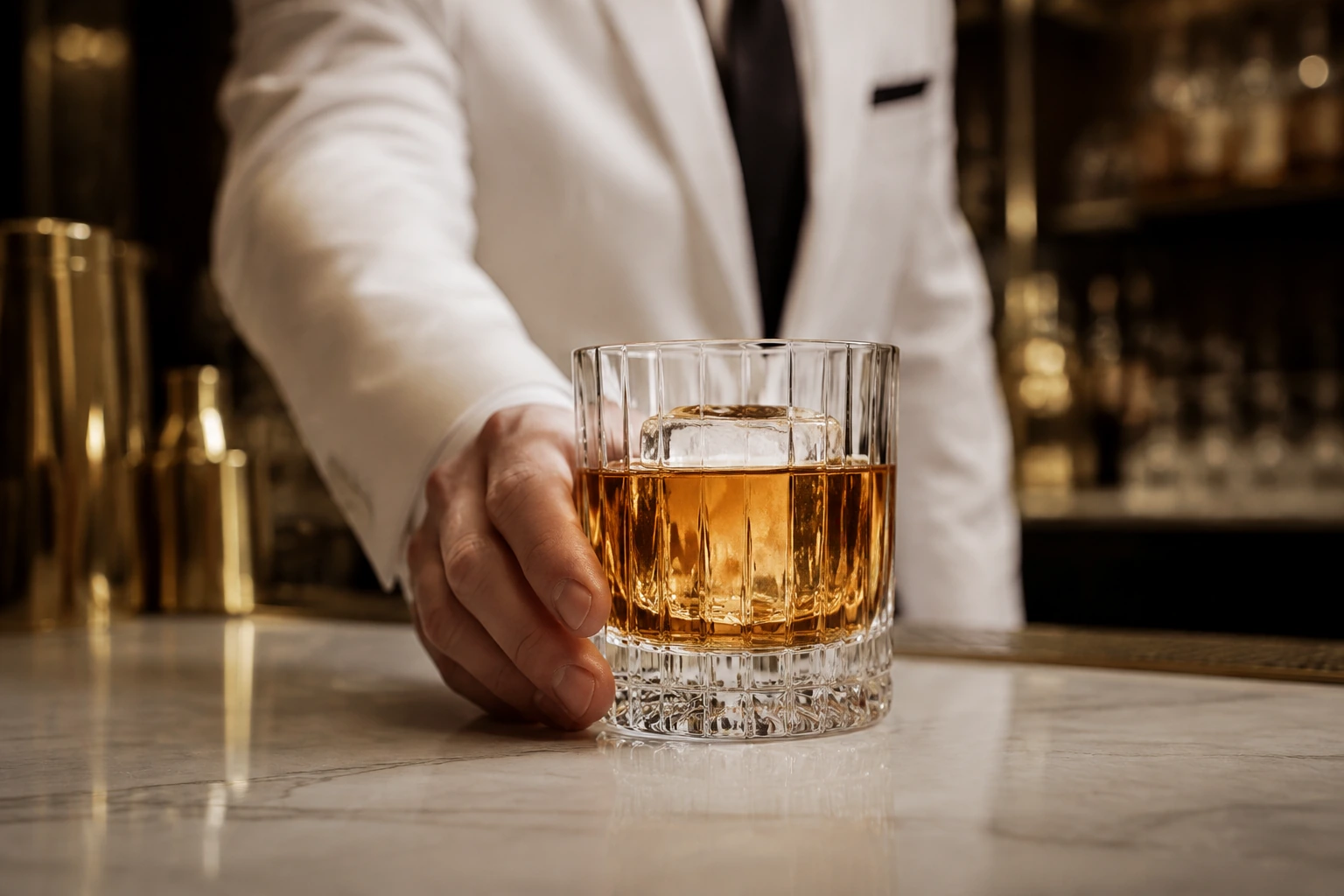 Vaso de cristal completo con cóctel servido sobre una barra de hotel