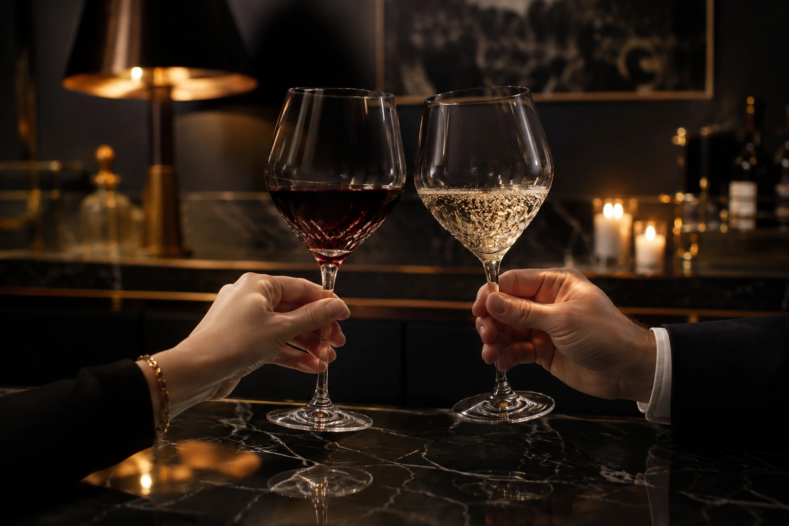 Dos copas de cristal completas durante un brindis en un salón elegante